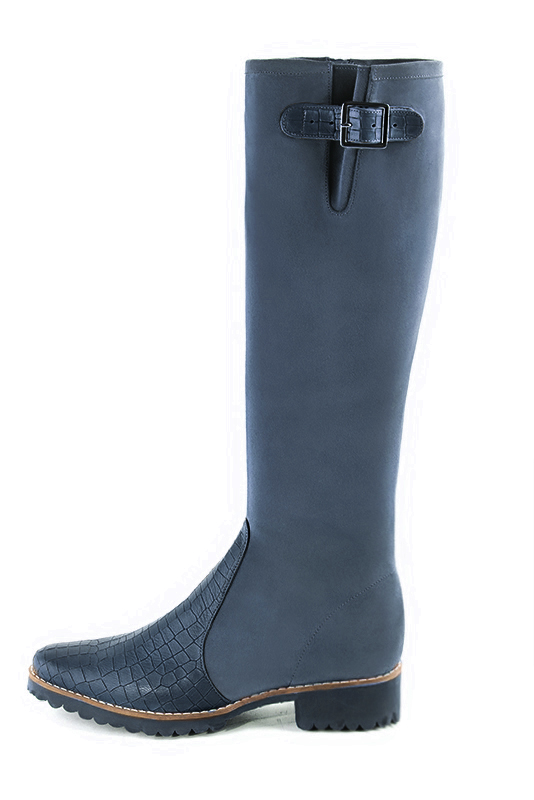 Denim blue women's knee-high boots with buckles. Round toe. Flat rubber soles. Made to measure. Profile view - Florence KOOIJMAN